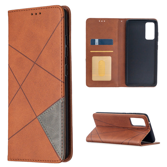 Geometric Pattern Leather Stand Case with Card Slots for Samsung Galaxy S20 FE 4G / FE 5G / S20 Lite / S20 FE 2022 - Brown