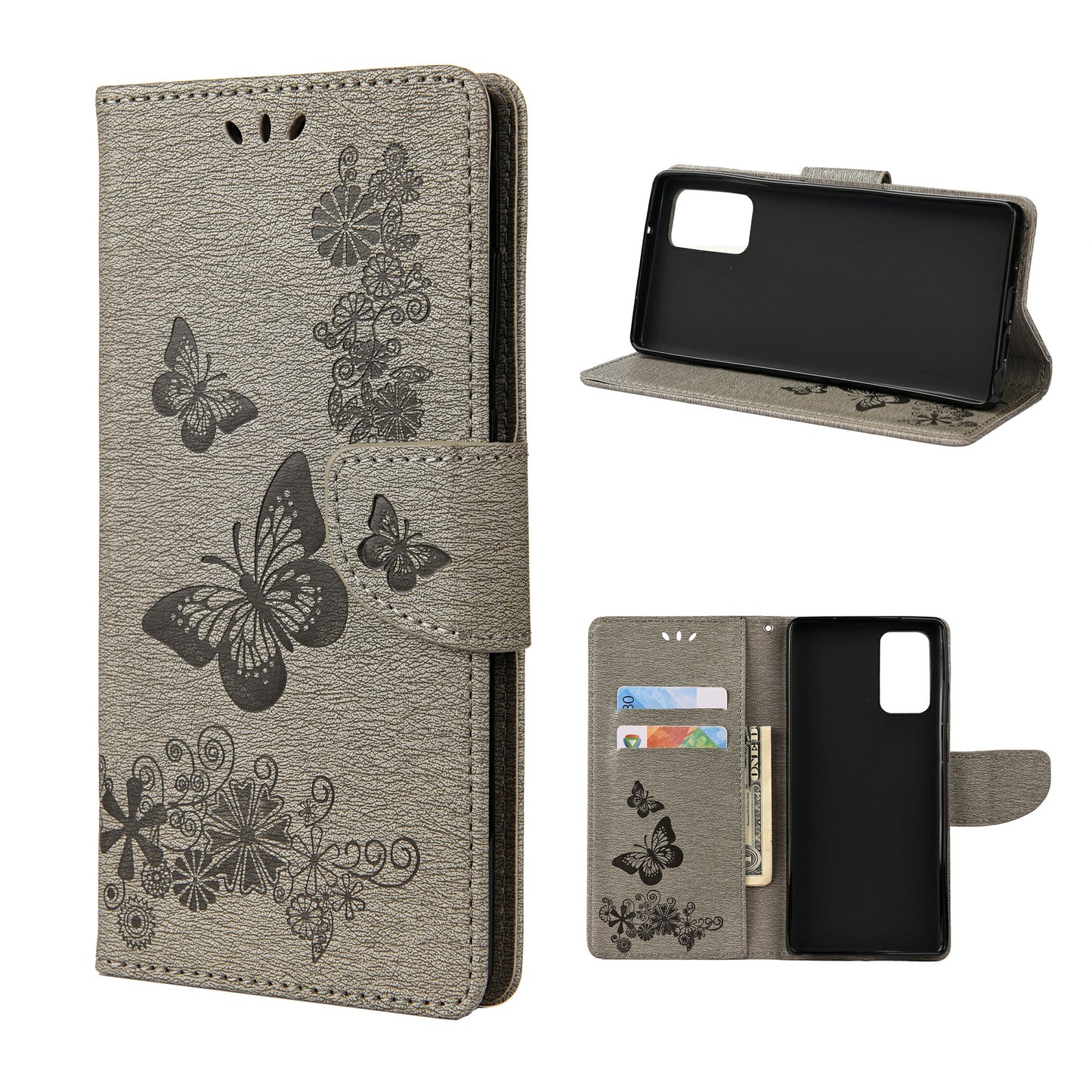 Imprint Butterflies Flower Wallet Stand Leather Case for Samsung Galaxy S20 FE 4G/FE 5G/S20 Lite/S20 FE 2022 - Grey
