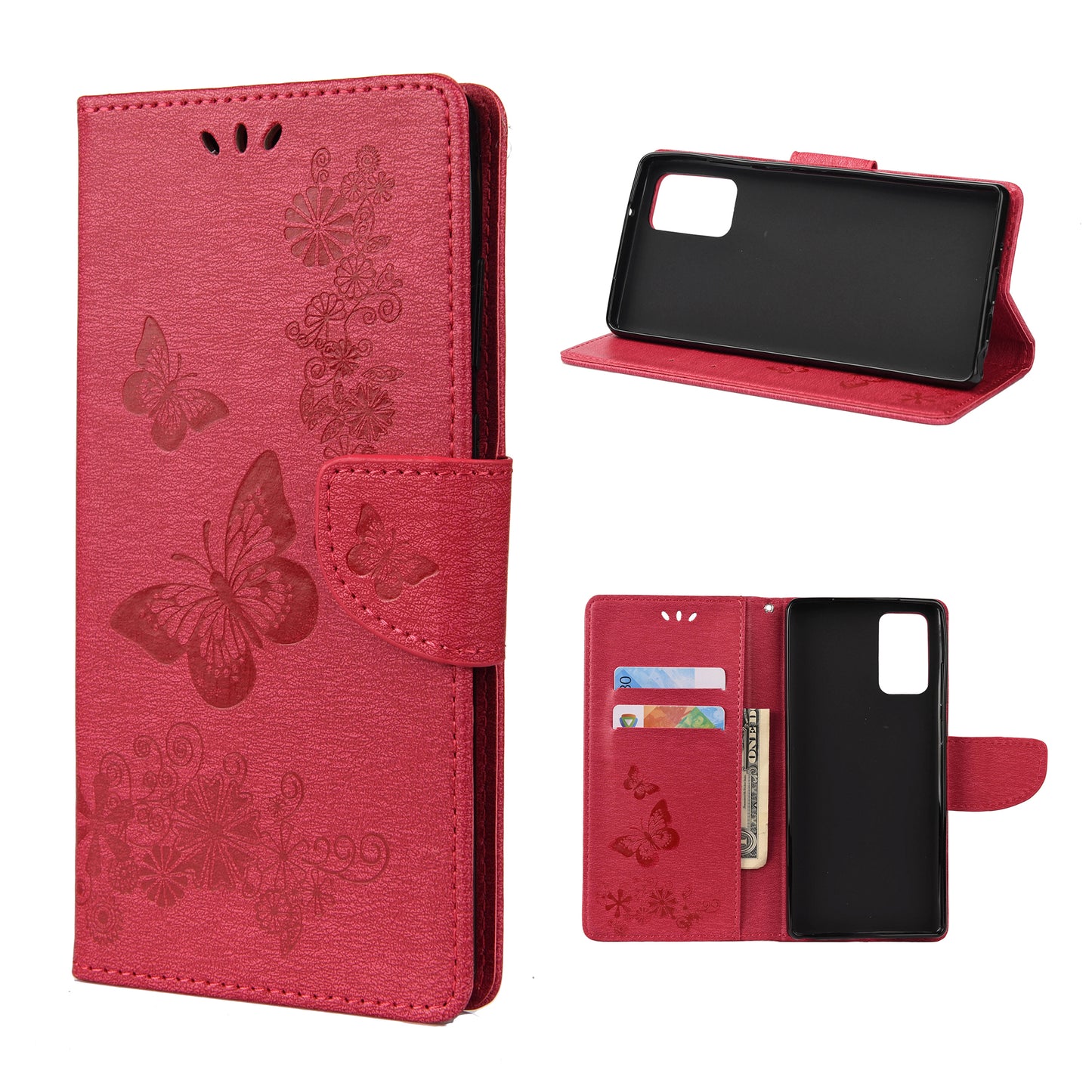 Imprint Butterflies Flower Wallet Stand Leather Case for Samsung Galaxy S20 FE 4G/FE 5G/S20 Lite/S20 FE 2022 - Red
