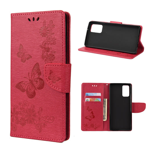 Imprint Butterflies Flower Wallet Stand Leather Case for Samsung Galaxy S20 FE 4G/FE 5G/S20 Lite/S20 FE 2022 - Red