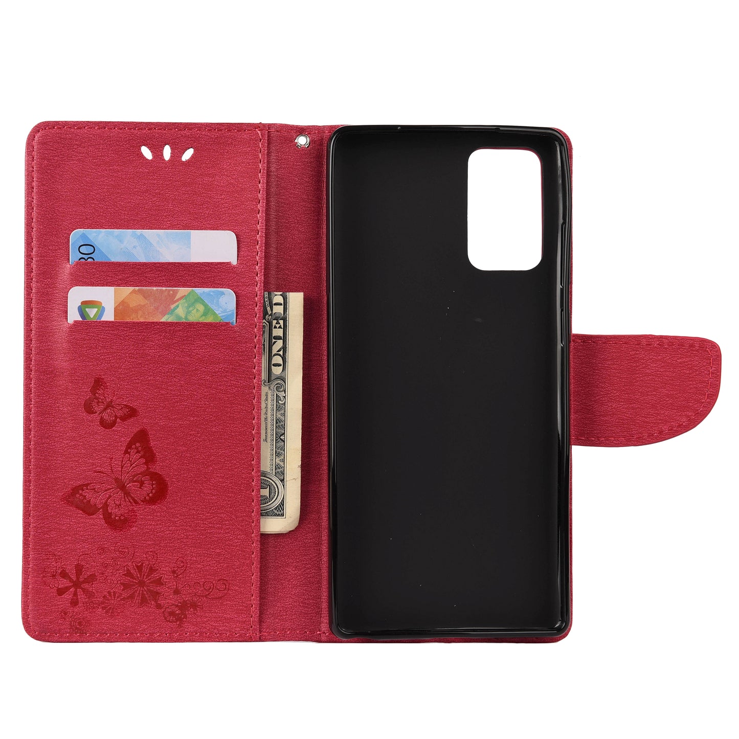 Imprint Butterflies Flower Wallet Stand Leather Case for Samsung Galaxy S20 FE 4G/FE 5G/S20 Lite/S20 FE 2022 - Red