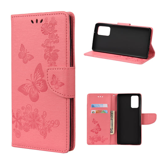 Imprint Butterflies Flower Wallet Stand Leather Case for Samsung Galaxy S20 FE 4G/FE 5G/S20 Lite/S20 FE 2022 - Pink