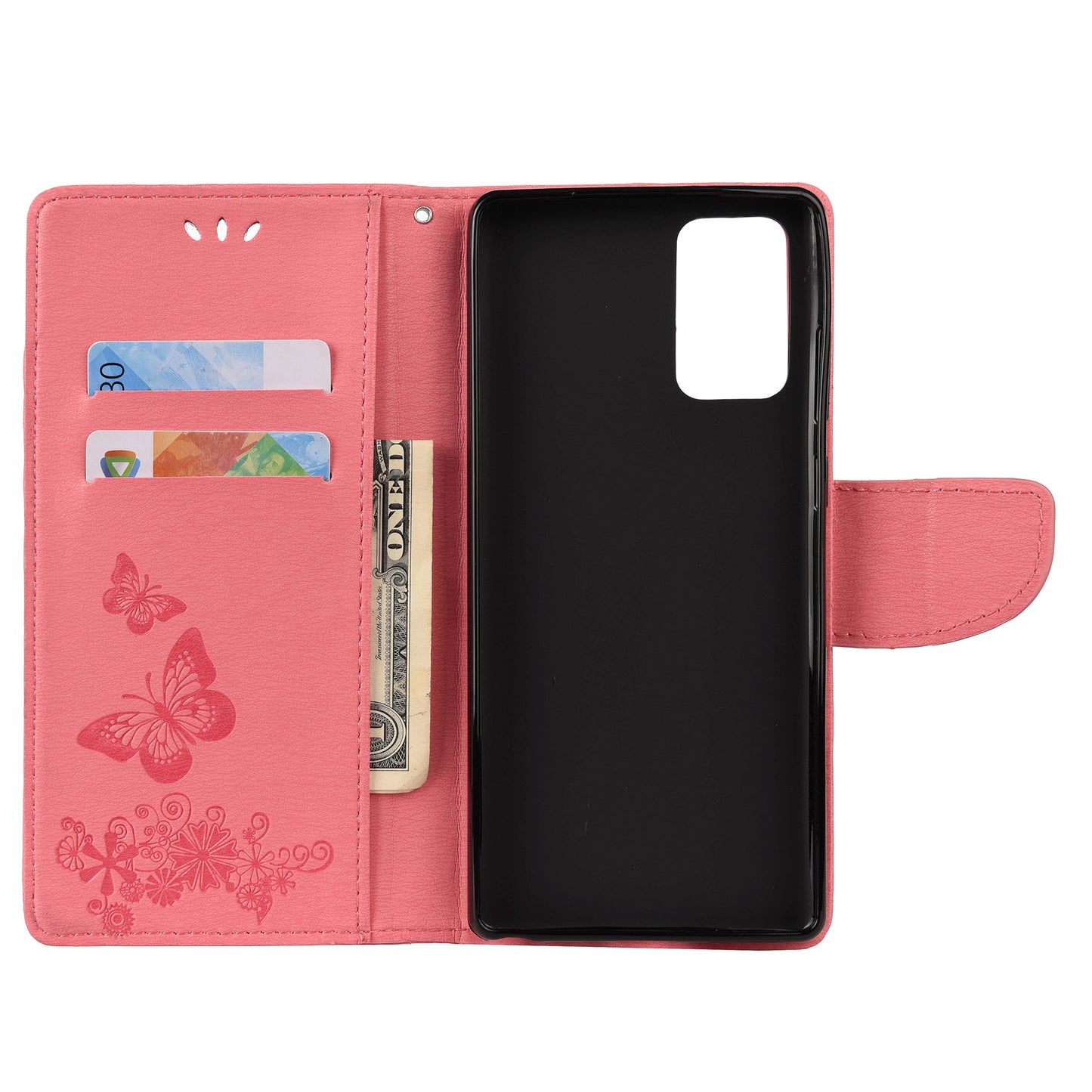 Imprint Butterflies Flower Wallet Stand Leather Case for Samsung Galaxy S20 FE 4G/FE 5G/S20 Lite/S20 FE 2022 - Pink