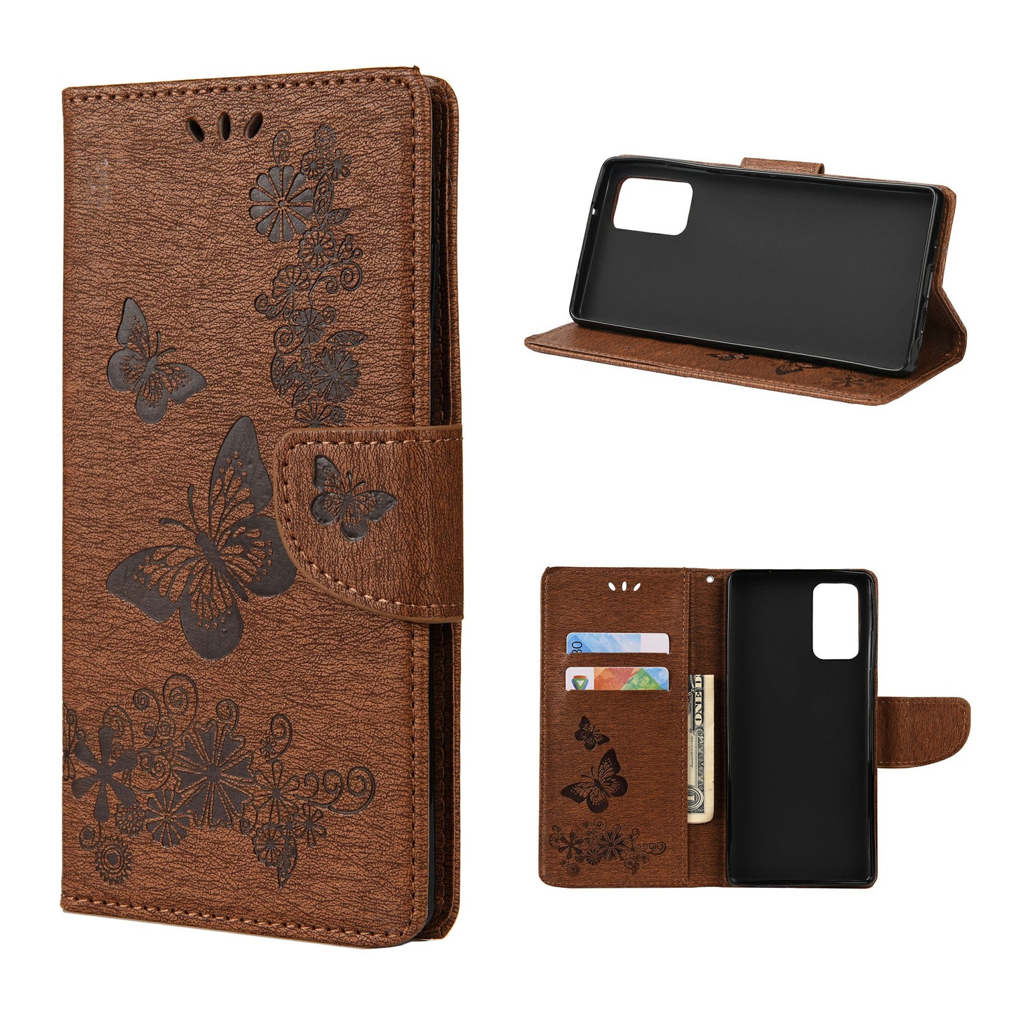 Imprint Butterflies Flower Wallet Stand Leather Case for Samsung Galaxy S20 FE 4G/FE 5G/S20 Lite/S20 FE 2022 - Brown