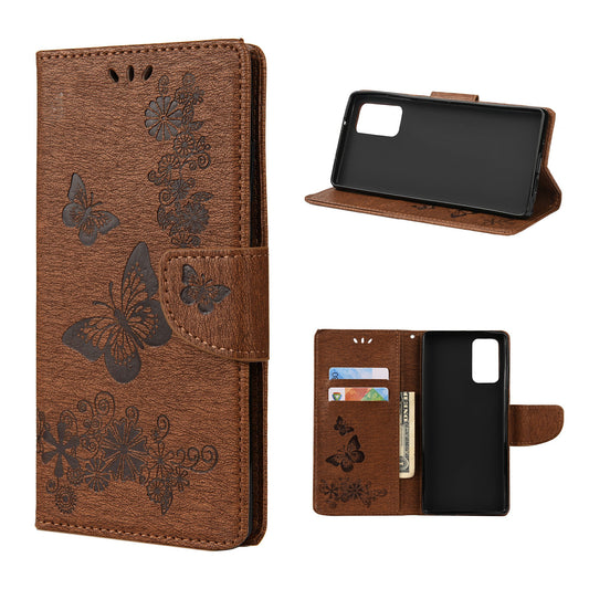 Imprint Butterflies Flower Wallet Stand Leather Case for Samsung Galaxy S20 FE 4G/FE 5G/S20 Lite/S20 FE 2022 - Brown