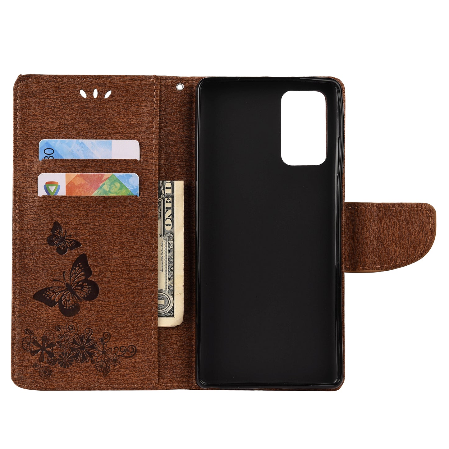 Imprint Butterflies Flower Wallet Stand Leather Case for Samsung Galaxy S20 FE 4G/FE 5G/S20 Lite/S20 FE 2022 - Brown