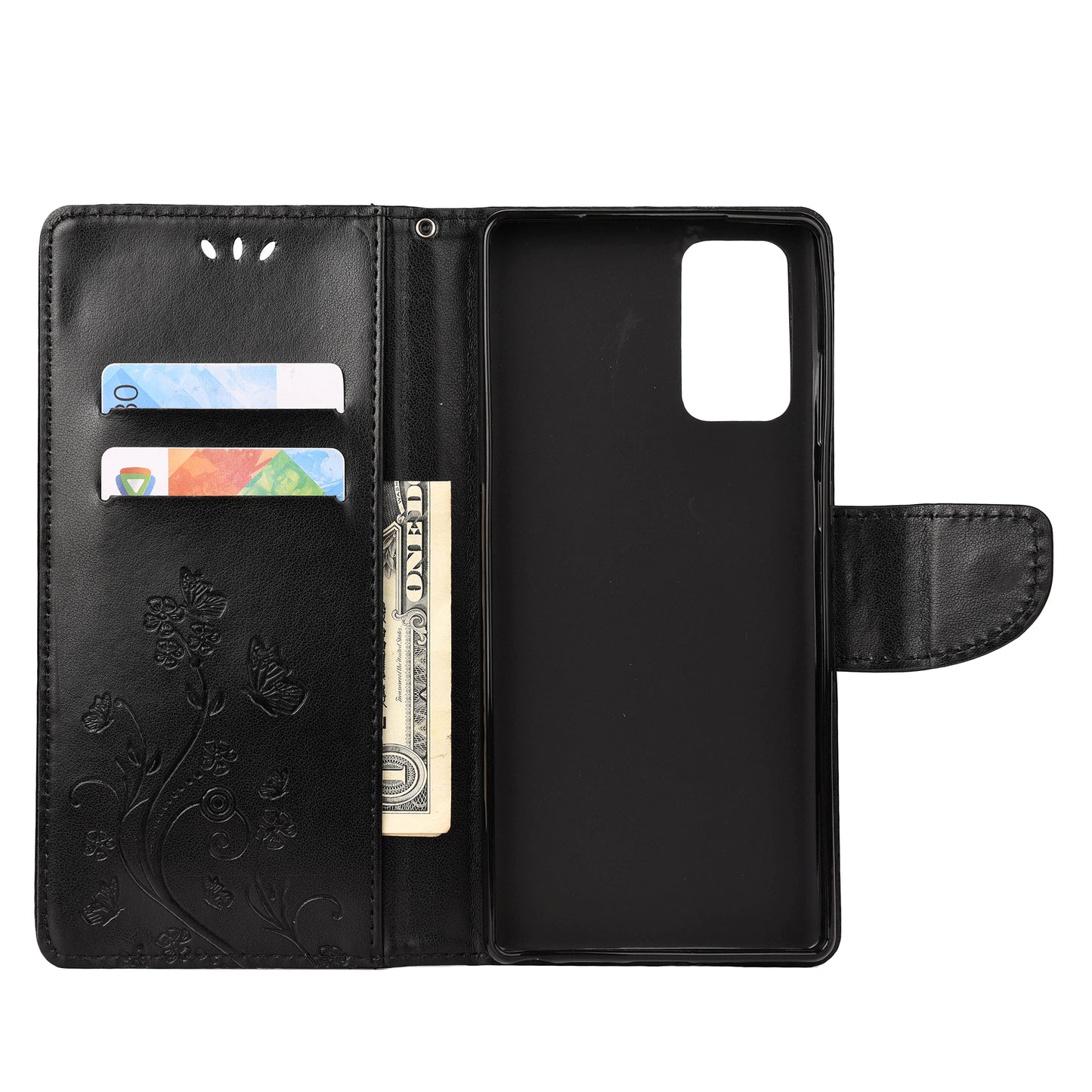 Imprint Butterflies Wallet Stand Flip Leather Phone Cover for Samsung Galaxy S20 FE 4G/FE 5G/S20 Lite/S20 FE 2022 - Black