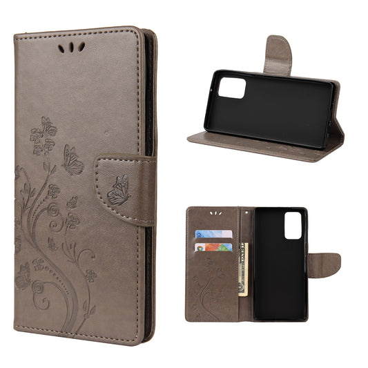 Imprint Butterflies Wallet Stand Flip Leather Phone Cover for Samsung Galaxy S20 FE 4G/FE 5G/S20 Lite/S20 FE 2022 - Grey