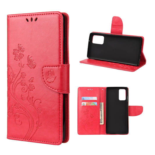 Imprint Butterflies Wallet Stand Flip Leather Phone Cover for Samsung Galaxy S20 FE 4G/FE 5G/S20 Lite/S20 FE 2022 - Red