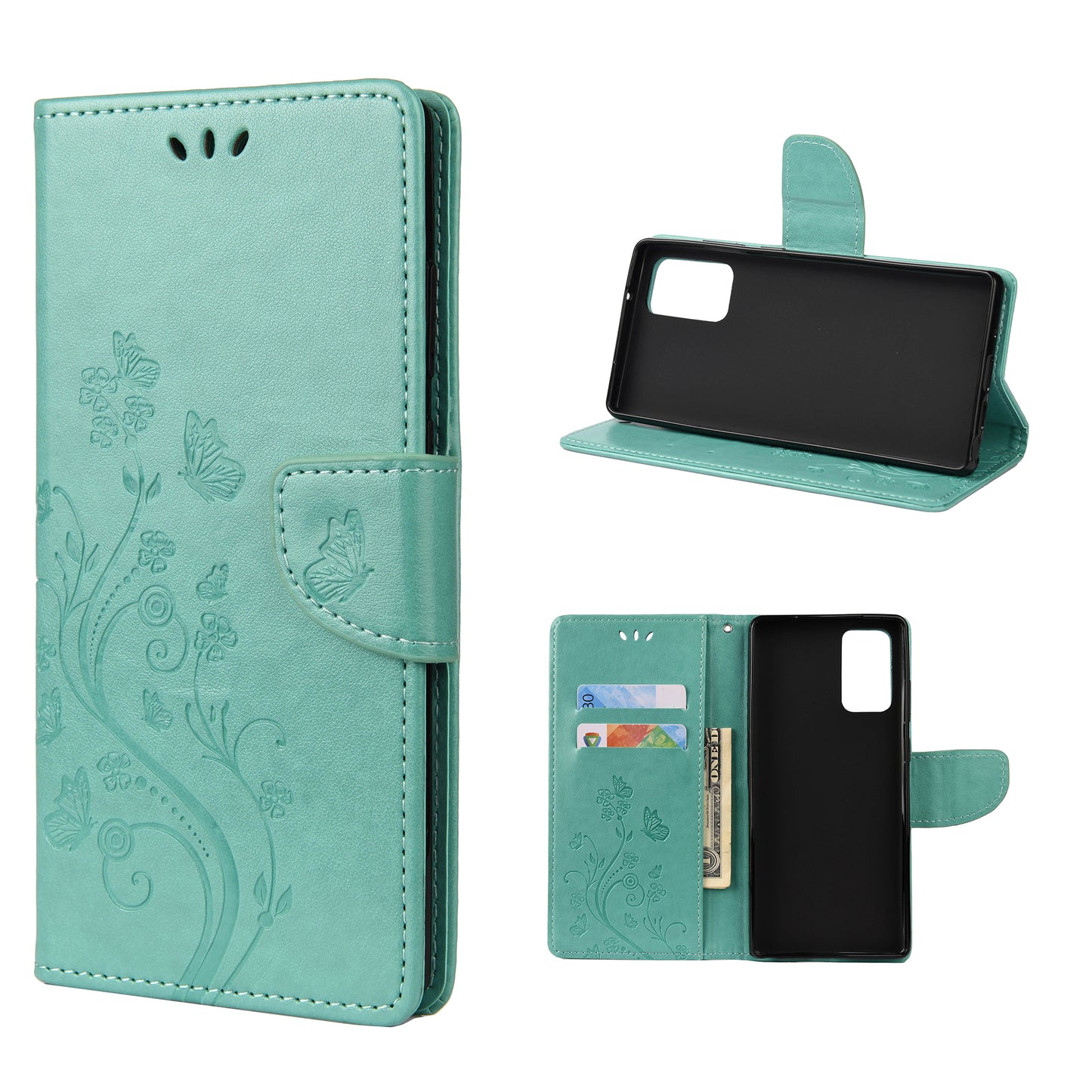 Imprint Butterflies Wallet Stand Flip Leather Phone Cover for Samsung Galaxy S20 FE 4G/FE 5G/S20 Lite/S20 FE 2022 - Green