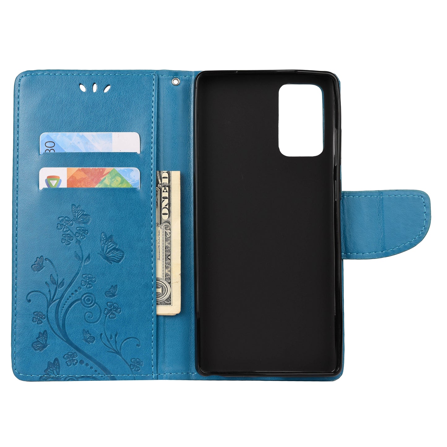 Imprint Butterflies Wallet Stand Flip Leather Phone Cover for Samsung Galaxy S20 FE 4G/FE 5G/S20 Lite/S20 FE 2022 - Blue