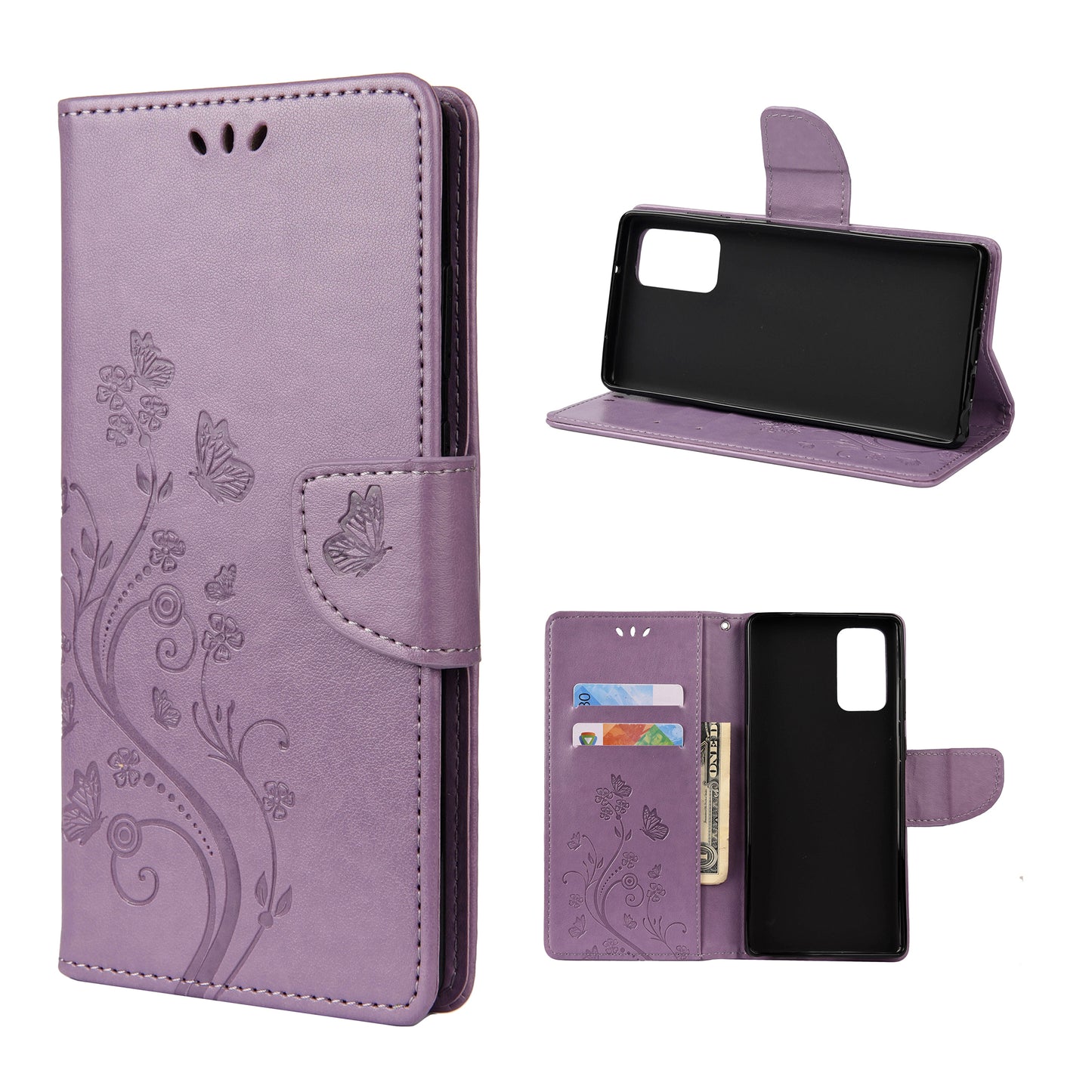 Imprint Butterflies Wallet Stand Flip Leather Phone Cover for Samsung Galaxy S20 FE 4G/FE 5G/S20 Lite/S20 FE 2022 - Light Purple