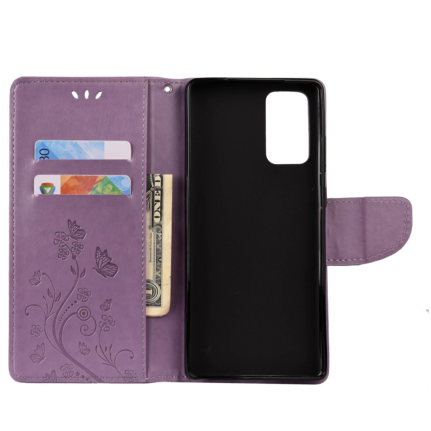 Imprint Butterflies Wallet Stand Flip Leather Phone Cover for Samsung Galaxy S20 FE 4G/FE 5G/S20 Lite/S20 FE 2022 - Light Purple