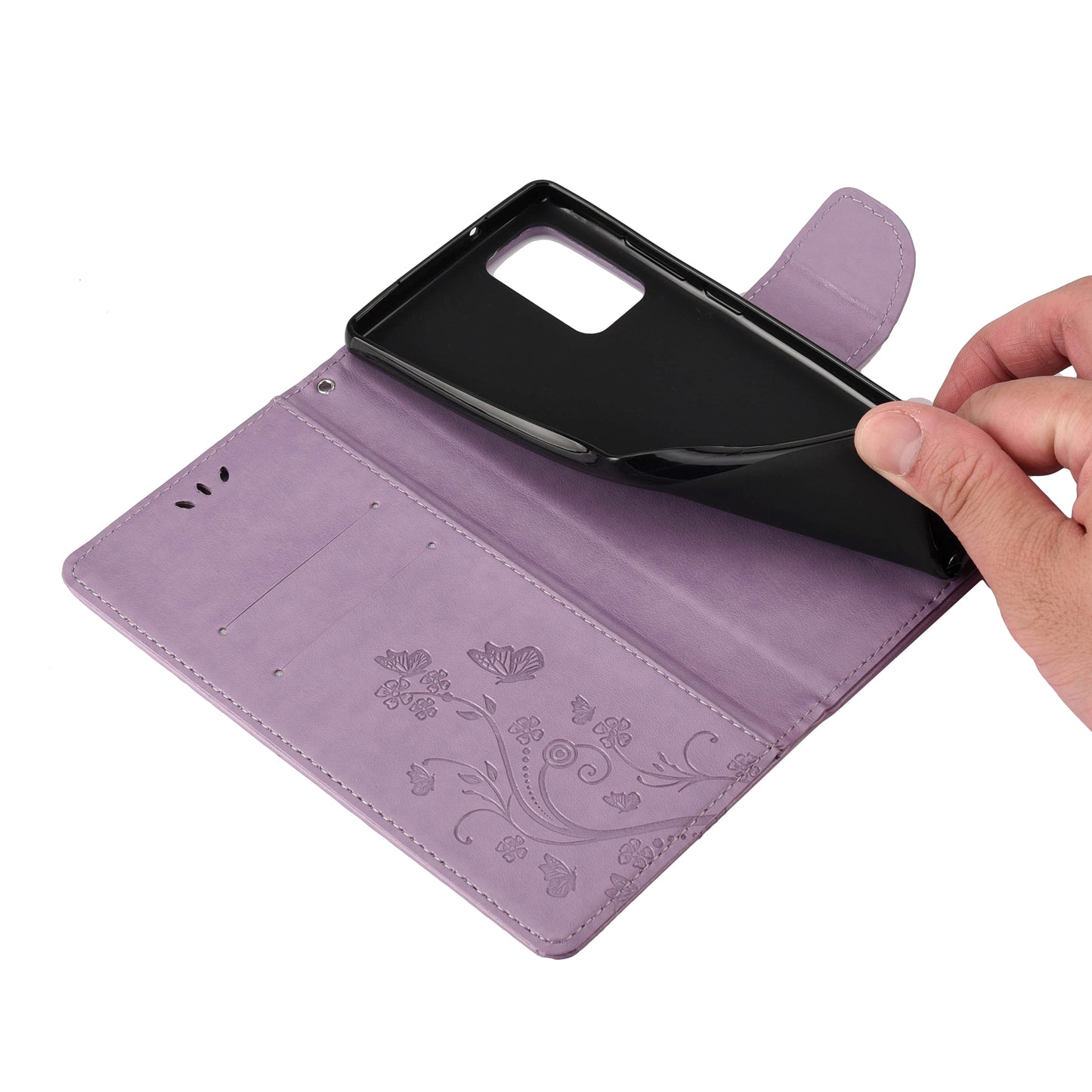 Imprint Butterflies Wallet Stand Flip Leather Phone Cover for Samsung Galaxy S20 FE 4G/FE 5G/S20 Lite/S20 FE 2022 - Light Purple