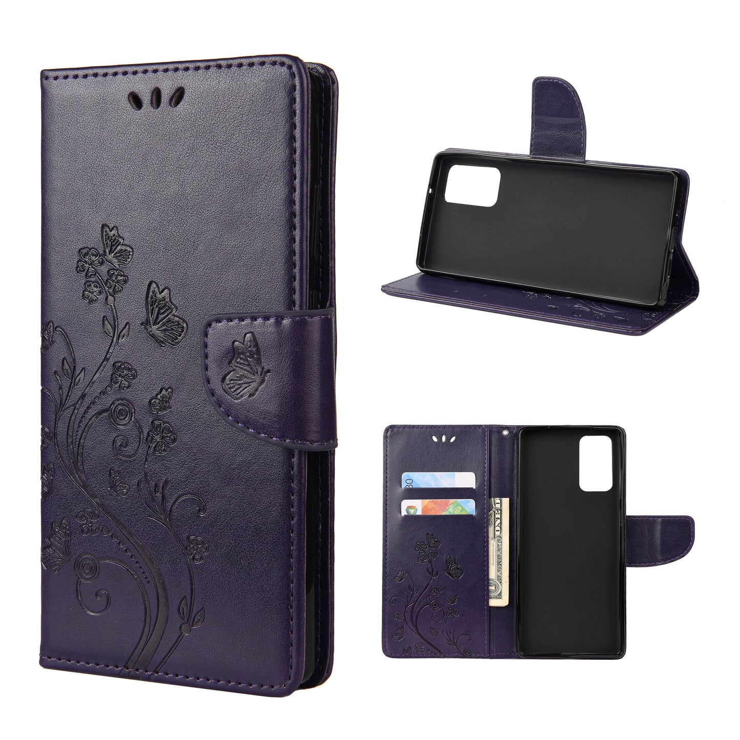 Imprint Butterflies Wallet Stand Flip Leather Phone Cover for Samsung Galaxy S20 FE 4G/FE 5G/S20 Lite/S20 FE 2022 - Dark Purple