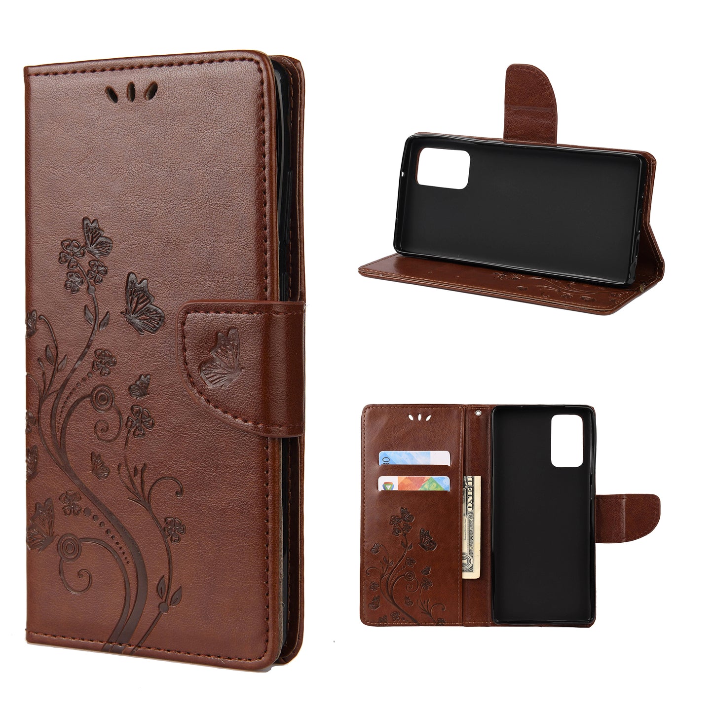 Imprint Butterflies Wallet Stand Flip Leather Phone Cover for Samsung Galaxy S20 FE 4G/FE 5G/S20 Lite/S20 FE 2022 - Brown