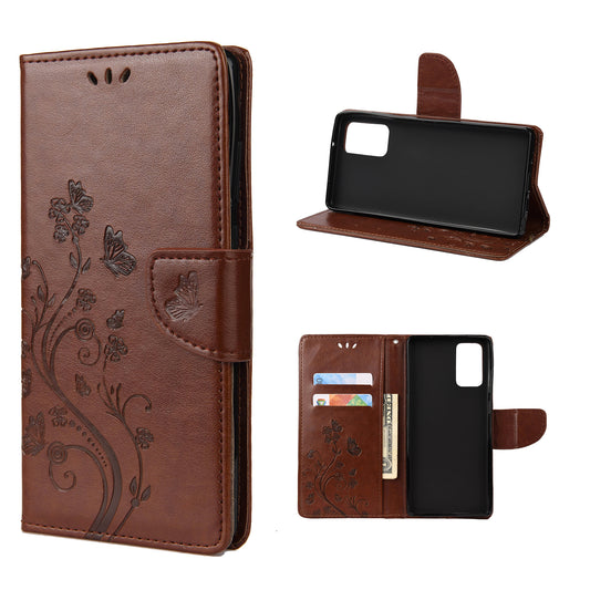 Imprint Butterflies Wallet Stand Flip Leather Phone Cover for Samsung Galaxy S20 FE 4G/FE 5G/S20 Lite/S20 FE 2022 - Brown