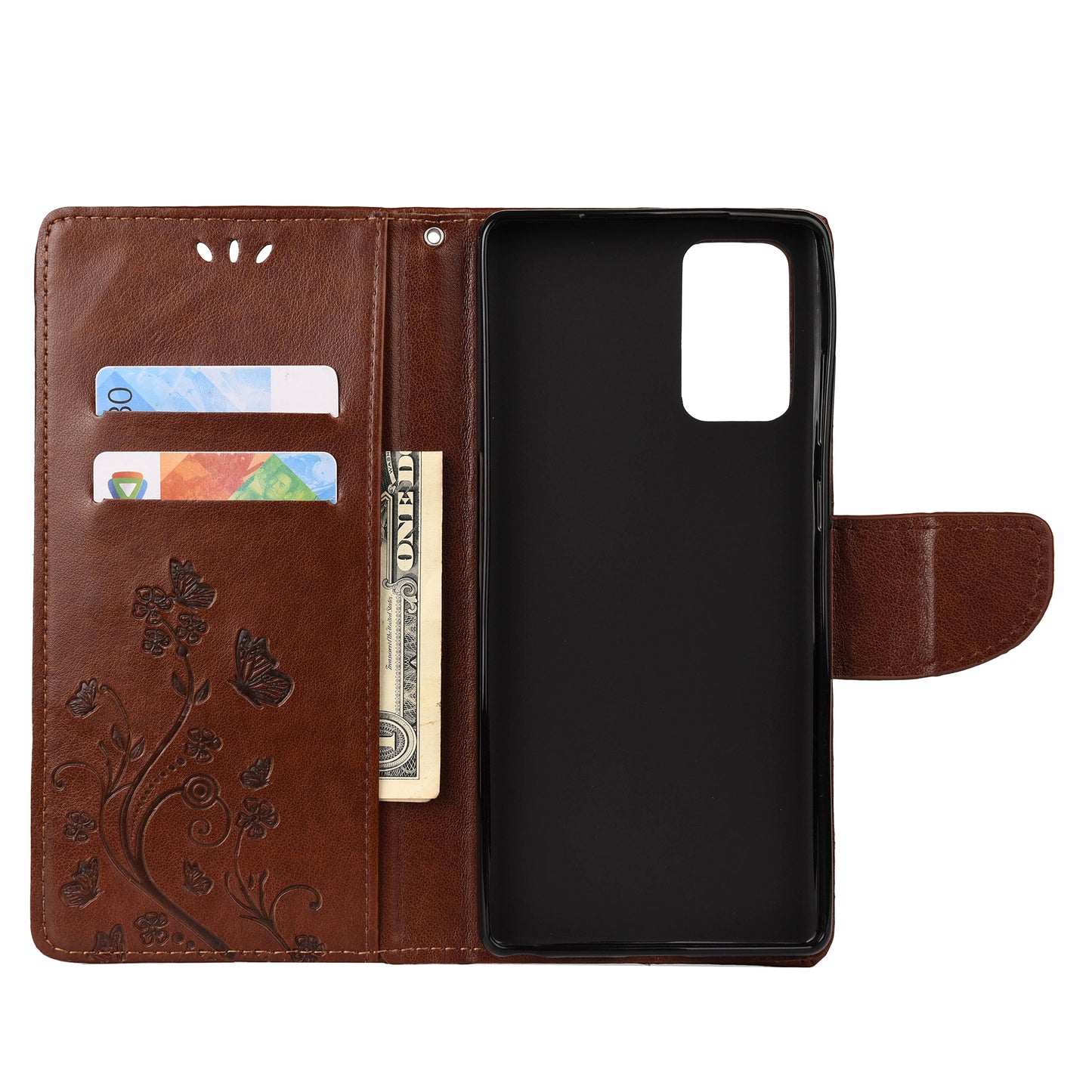 Imprint Butterflies Wallet Stand Flip Leather Phone Cover for Samsung Galaxy S20 FE 4G/FE 5G/S20 Lite/S20 FE 2022 - Brown