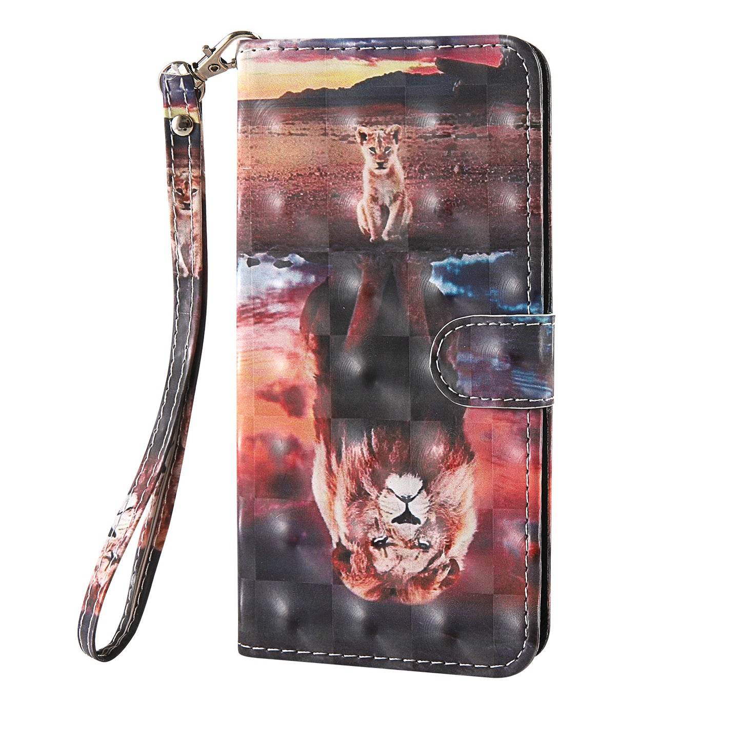 Light Spot Decor Pattern Printing Wallet Stand Leather Shell with Strap for Samsung Galaxy S20 FE 4G/FE 5G/S20 Lite/S20 FE 2022 - Lion Reflection