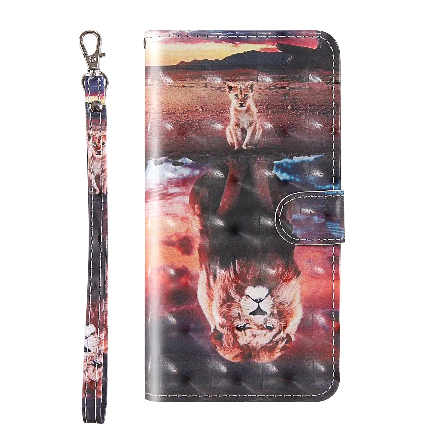 Light Spot Decor Pattern Printing Wallet Stand Leather Shell with Strap for Samsung Galaxy S20 FE 4G/FE 5G/S20 Lite/S20 FE 2022 - Lion Reflection