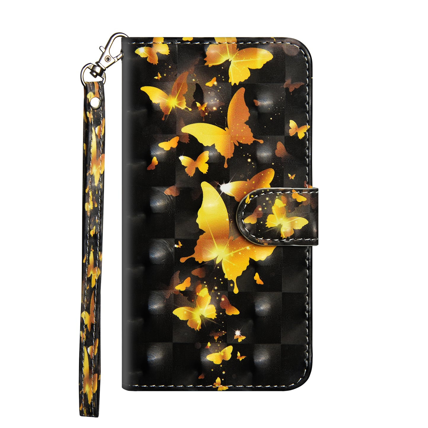 Light Spot Decor Pattern Printing Wallet Stand Leather Shell with Strap for Samsung Galaxy S20 FE 4G/FE 5G/S20 Lite/S20 FE 2022 - Gold Butterfly