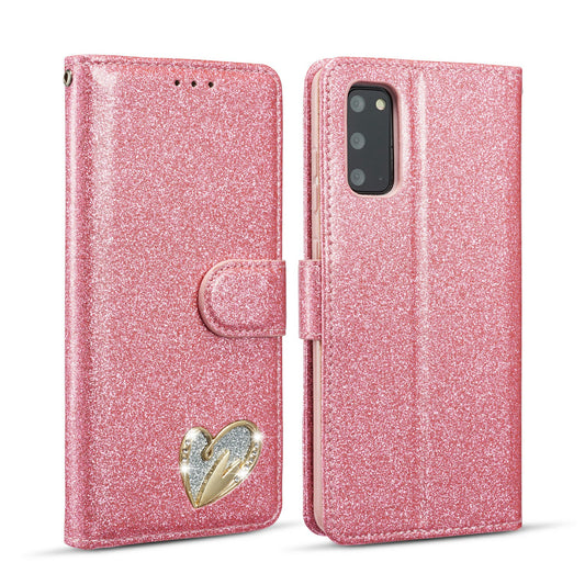 Gleaming Diamond Leather with Metal Heart Shape Decor Phone Cover Shell for Samsung Galaxy S20 4G/S20 5G - Pink