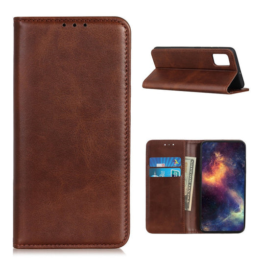 Auto-absorbed Split Leather Phone Shell for Samsung Galaxy M51 Side Fingerprint Version - Coffee