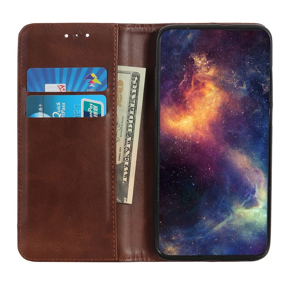 Auto-absorbed Split Leather Phone Shell for Samsung Galaxy M51 Side Fingerprint Version - Coffee