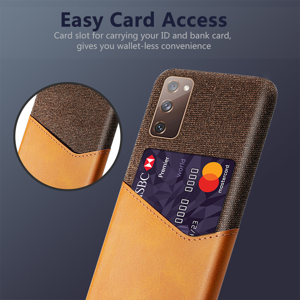KSQ Card Holder Cloth + PU Leather Coated PC Back Cover for Samsung Galaxy S20 FE 4G/FE 5G/S20 Lite/S20 FE 2022 - Brown