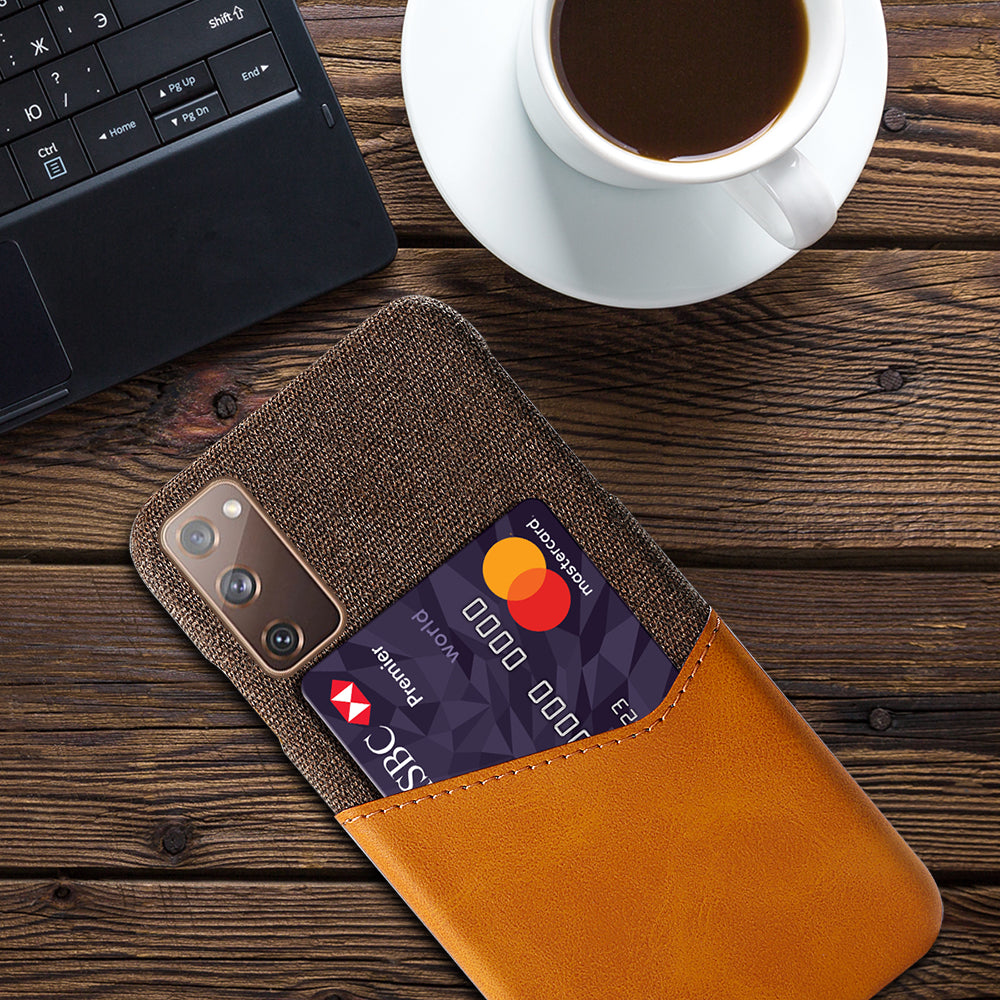 KSQ Card Holder Cloth + PU Leather Coated PC Back Cover for Samsung Galaxy S20 FE 4G/FE 5G/S20 Lite/S20 FE 2022 - Brown