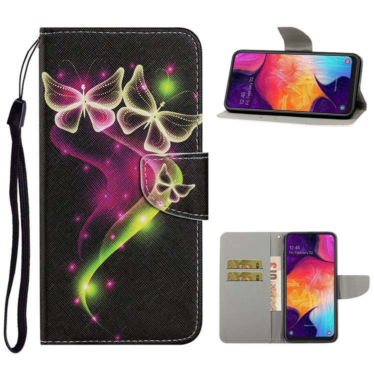 Pattern Printing Leather Wallet Stylish Stand Case with Handy Strap for Samsung Galaxy A41 (Global Version) - Yellow Butterfly