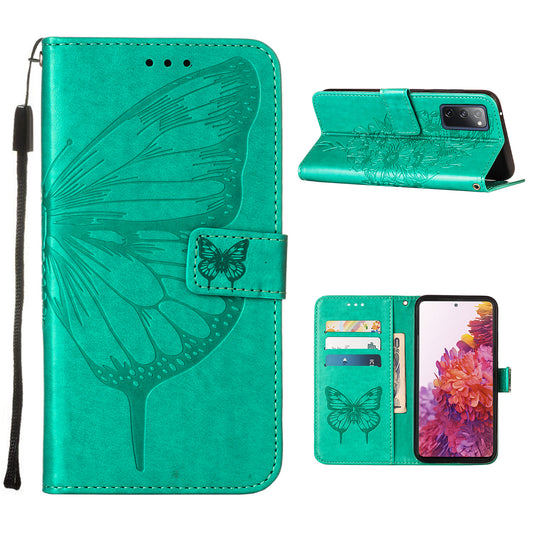 Imprint Butterflies Flower Wallet Stand Leather Case for Samsung Galaxy S20 FE 4G/FE 5G/S20 Lite/S20 FE 2022 - Green