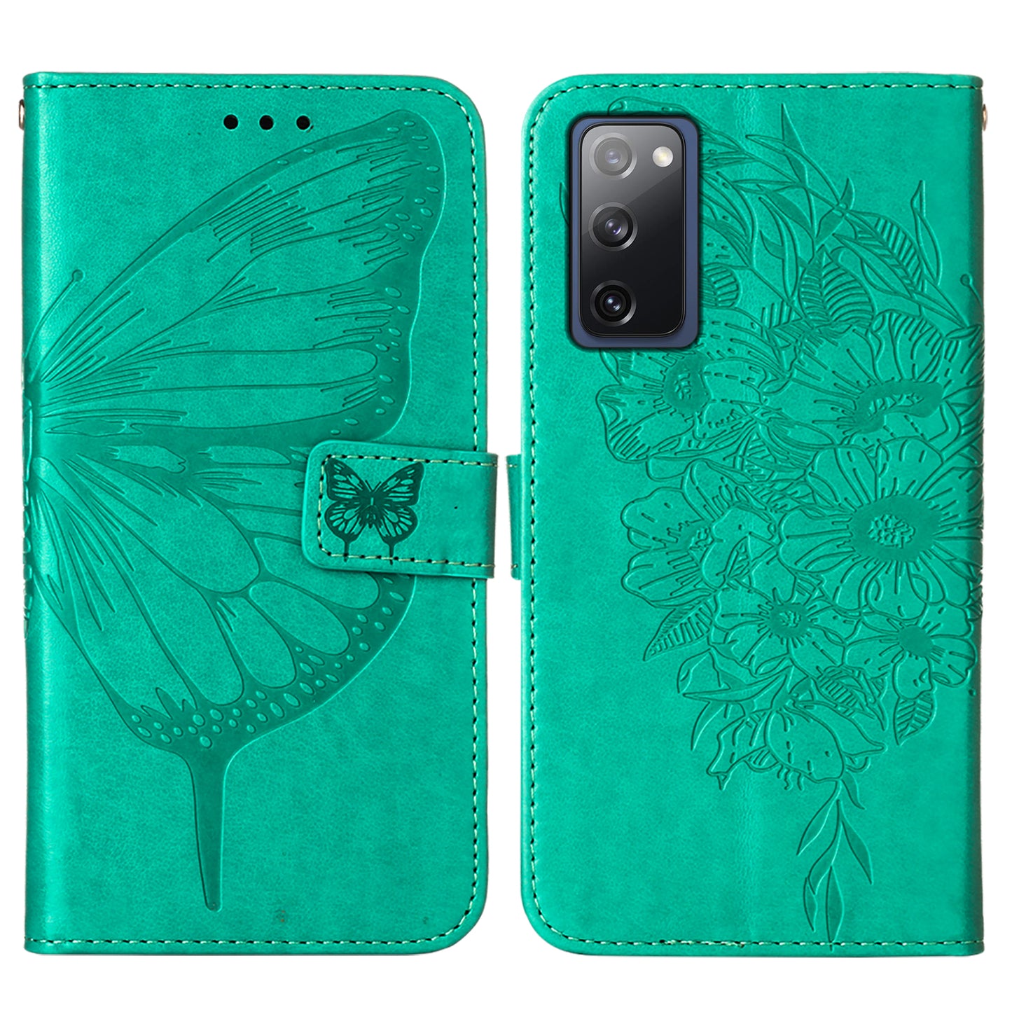 Imprint Butterflies Flower Wallet Stand Leather Case for Samsung Galaxy S20 FE 4G/FE 5G/S20 Lite/S20 FE 2022 - Green