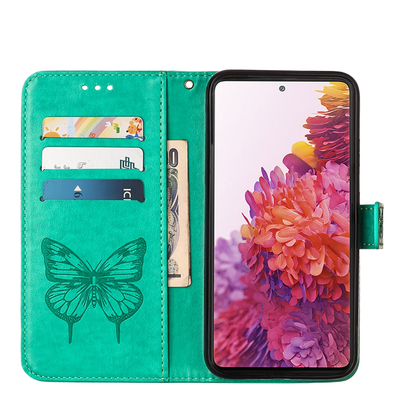 Imprint Butterflies Flower Wallet Stand Leather Case for Samsung Galaxy S20 FE 4G/FE 5G/S20 Lite/S20 FE 2022 - Green