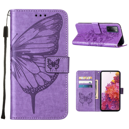 Imprint Butterflies Flower Wallet Stand Leather Case for Samsung Galaxy S20 FE 4G/FE 5G/S20 Lite/S20 FE 2022 - Light Purple
