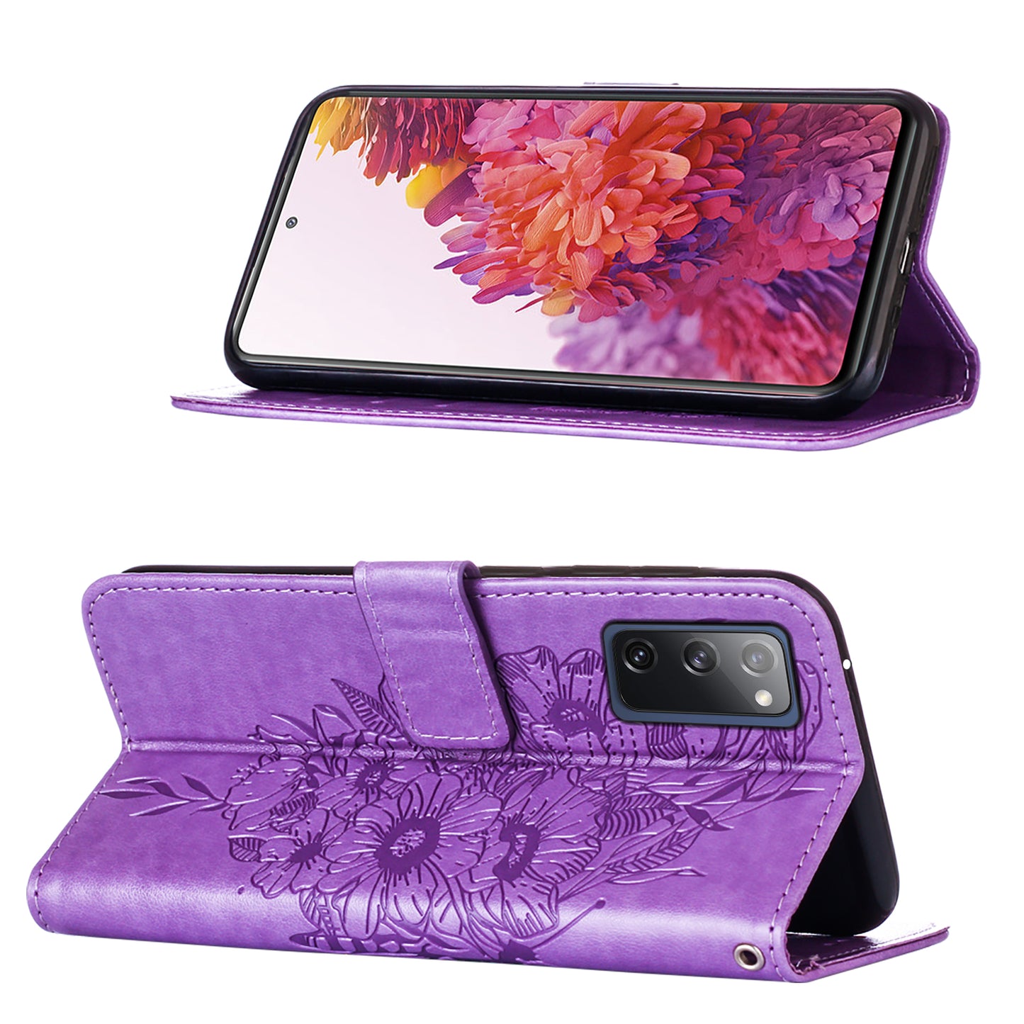 Imprint Butterflies Flower Wallet Stand Leather Case for Samsung Galaxy S20 FE 4G/FE 5G/S20 Lite/S20 FE 2022 - Light Purple