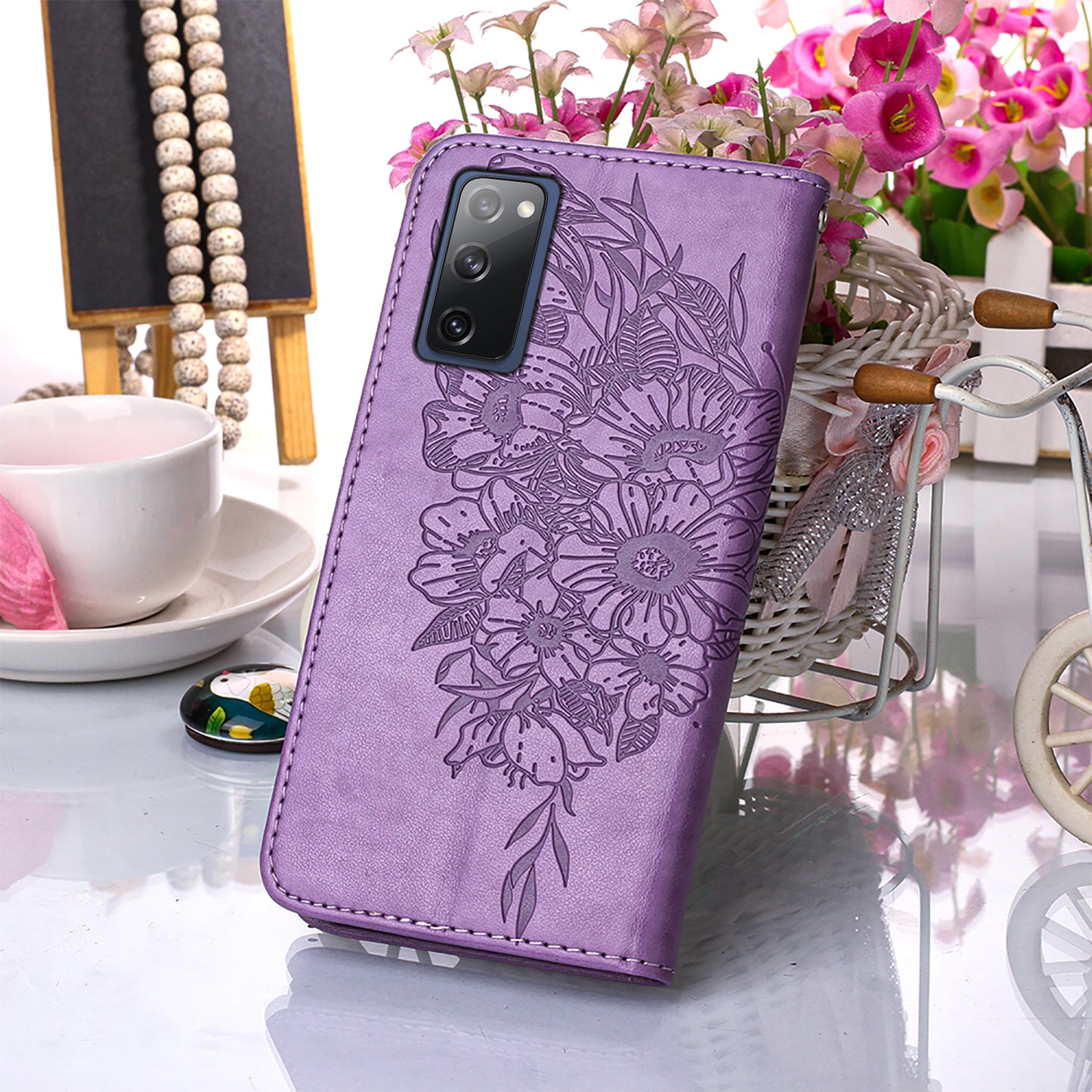Imprint Butterflies Flower Wallet Stand Leather Case for Samsung Galaxy S20 FE 4G/FE 5G/S20 Lite/S20 FE 2022 - Light Purple