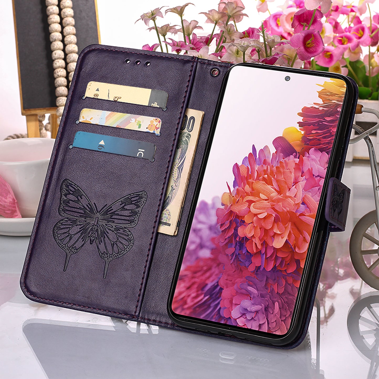 Imprint Butterflies Flower Wallet Stand Leather Case for Samsung Galaxy S20 FE 4G/FE 5G/S20 Lite/S20 FE 2022 - Dark Purple