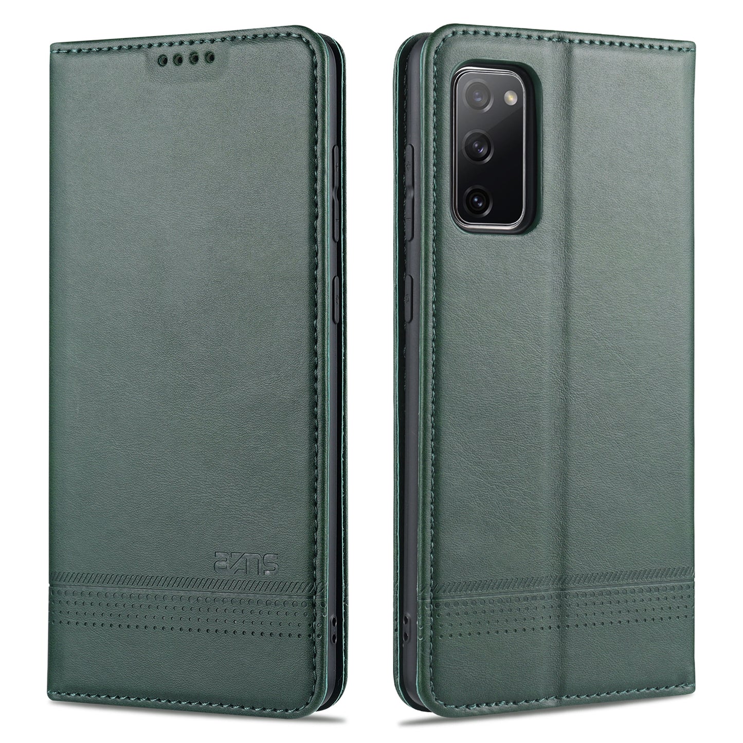 AZNS Auto-absorbed Leather Wallet Case for Samsung Galaxy S20 FE 4G/FE 5G/S20 Lite/S20 FE 2022 - Blackish Green