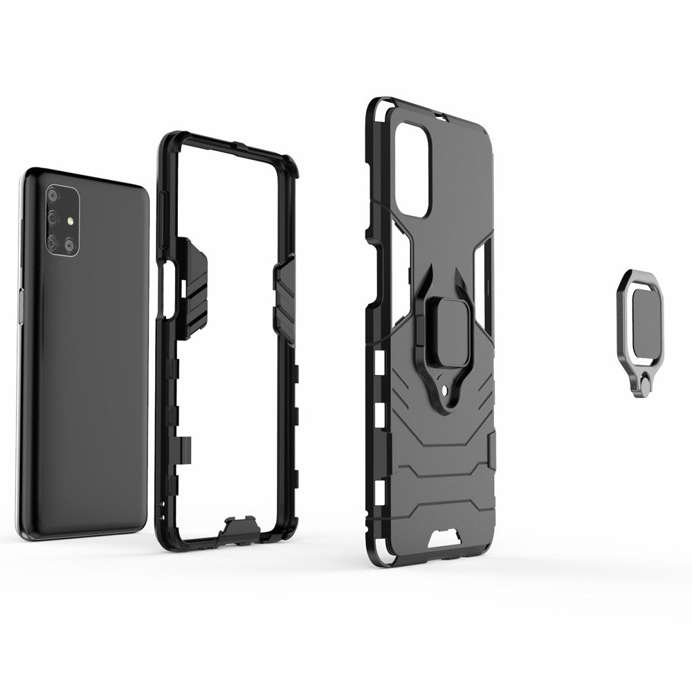 PC TPU Hybrid Case for Samsung Galaxy M51 Cool Guard Ring Holder Kickstand Cover - Black