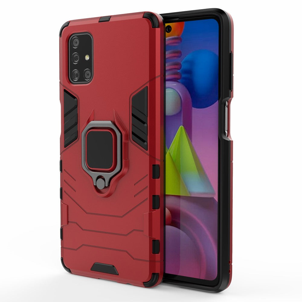 PC TPU Hybrid Case for Samsung Galaxy M51 Cool Guard Ring Holder Kickstand Cover - Red