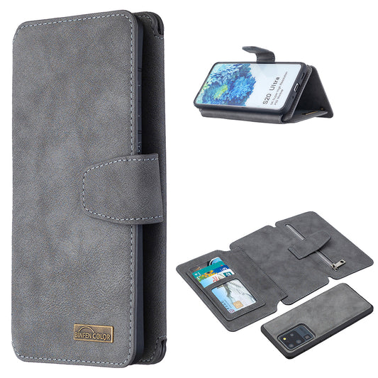 BF07 Detachable Matte Finish Leather Wallet Phone Cover with Zippered Pocket for Samsung Galaxy S20 Ultra - Grey