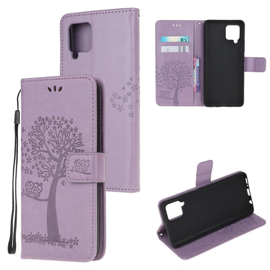 Imprint Tree Owl Leather Wallet Phone Case for Samsung Galaxy A42 5G - Light Purple
