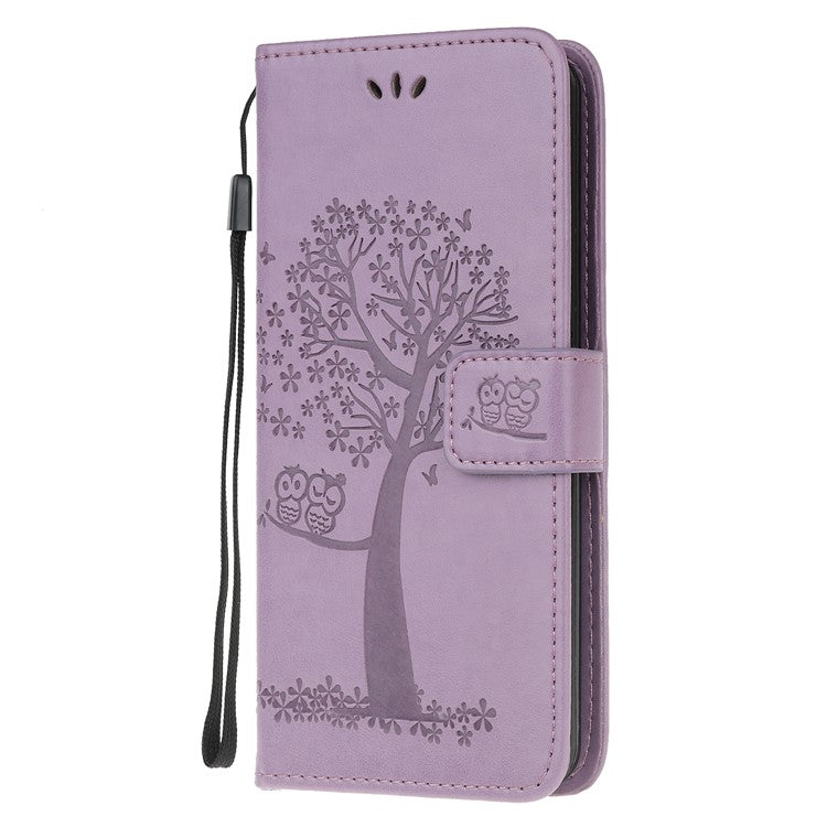 Imprint Tree Owl Leather Wallet Phone Case for Samsung Galaxy A42 5G - Light Purple