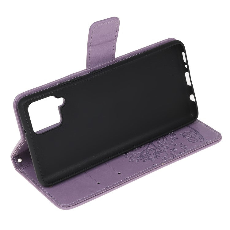 Imprint Tree Owl Leather Wallet Phone Case for Samsung Galaxy A42 5G - Light Purple