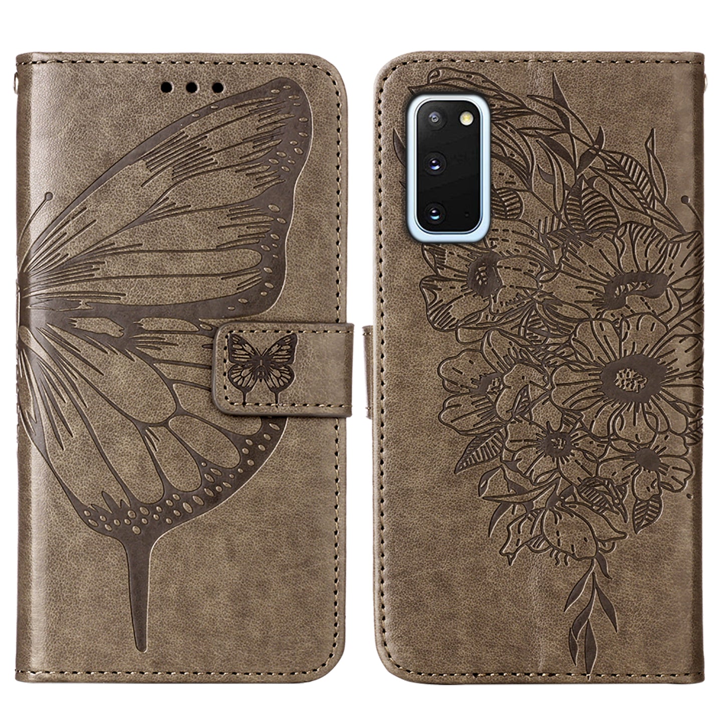 Imprint Butterfly Leather Wallet Stand Case Protective Shell for Samsung Galaxy S20 4G/S20 5G - Grey