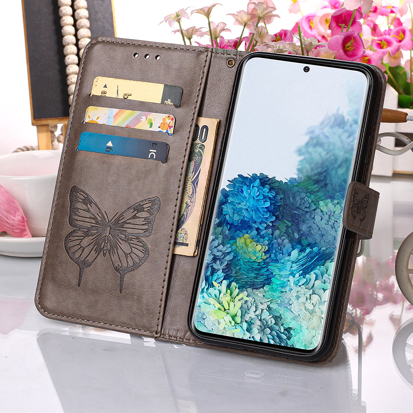 Imprint Butterfly Leather Wallet Stand Case Protective Shell for Samsung Galaxy S20 4G/S20 5G - Grey