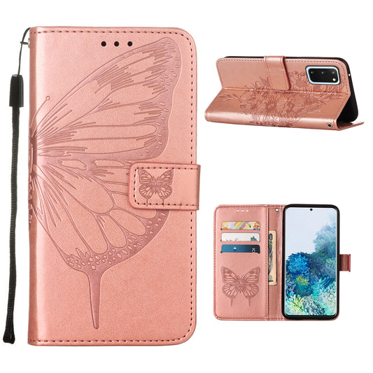 Imprint Butterfly Leather Wallet Stand Case Protective Shell for Samsung Galaxy S20 4G/S20 5G - Rose Gold