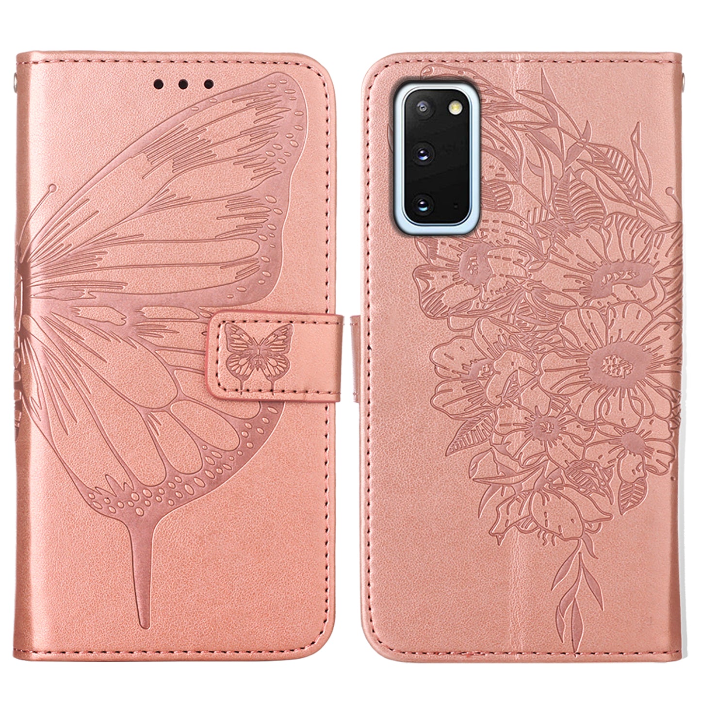 Imprint Butterfly Leather Wallet Stand Case Protective Shell for Samsung Galaxy S20 4G/S20 5G - Rose Gold