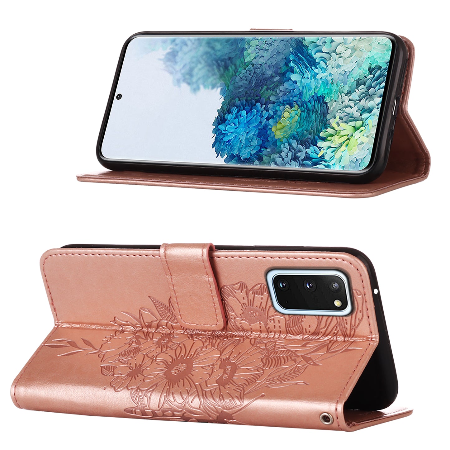 Imprint Butterfly Leather Wallet Stand Case Protective Shell for Samsung Galaxy S20 4G/S20 5G - Rose Gold